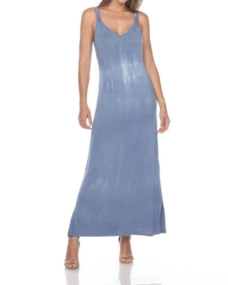 Front of a model wearing a size L Trixie Triple Strap Maxi Dress in Denim Tie Dye in Denim Tie Dye by One Essence. | dia_product_style_image_id:342703